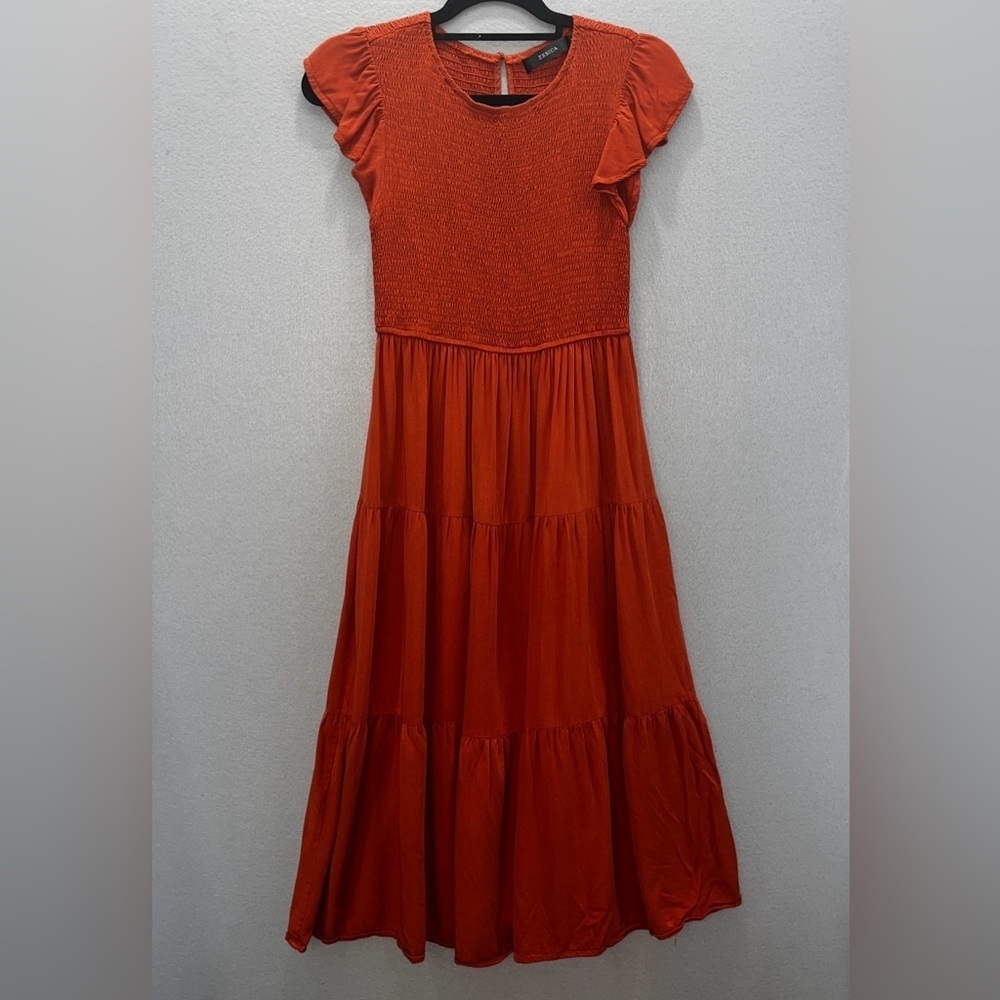 ZESICA 2025 Summer Casual Flutter Sleeve Smocked Elastic Waist Tiered Midi Dress - Picture 7 of 7